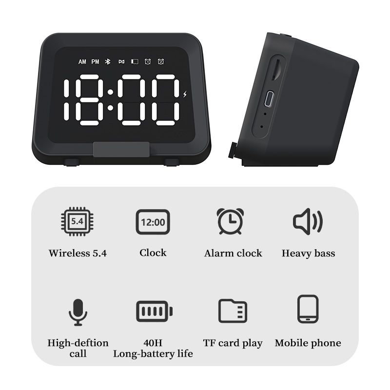 Multifunctional wireless speaker with digital clock on a wooden surface