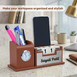 Classic Personalized Gifts : Custom Desk Organizer with Clock-silver