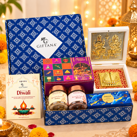 Diwali Gift Hamper - Shubh Aangan with Laxmi Ganesh Charan, Premium Dry Fruits & Smoor Chocolate