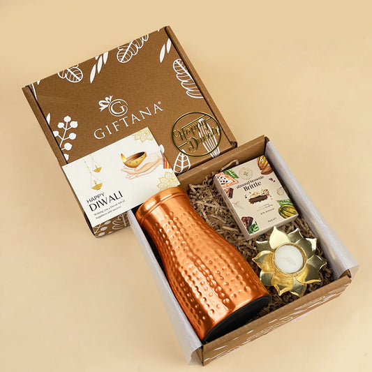 Festive Diwali Gift Hamper - Copper Pot, Diya, Brownie & Card