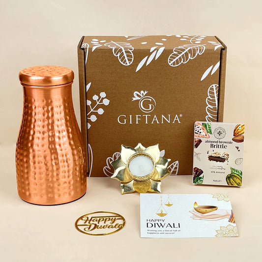 Festive Diwali Gift Hamper - Copper Pot, Diya, Brownie & Card