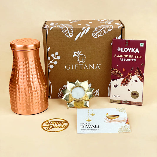 Curated Diwali Gift Set - Copper Pot, Almond Brittle & Lotus Candle