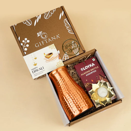 Curated Diwali Gift Set - Copper Pot, Almond Brittle & Lotus Candle