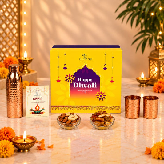 Copper Dry Fruit Diwali Hamper with 750ml Bottle, Glasses & Assorted Nuts