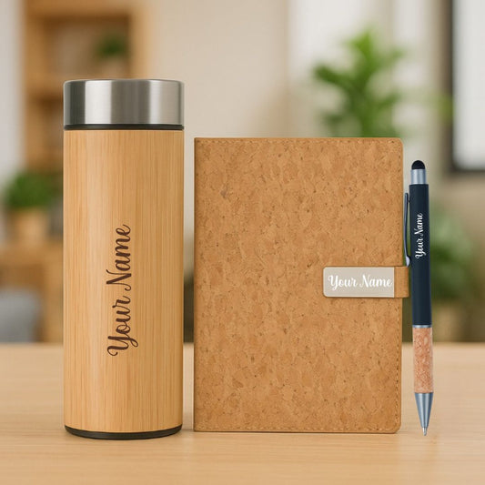 Personalized Eco-Friendly Gift : Cork Diary, Pen & Bamboo Bottle Set