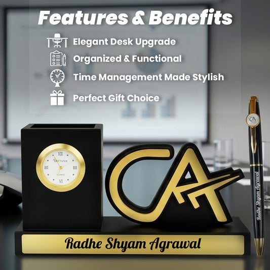 Custom CA Desk Organizer Gift with Clock & Pen Set