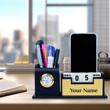 Personalized Pen Stand with Card Holder, Table Watch, Mobile Phone Stand, and 100-Year Calendar - Ideal Desk Organizer - Gold