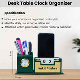 Personalized Pen Stand with Card Holder, Table Watch, Mobile Phone Stand, and 100-Year Calendar - Ideal Desk Organizer - Green