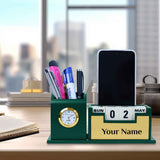 Personalized Pen Stand with Card Holder, Table Watch, Mobile Phone Stand, and 100-Year Calendar - Ideal Desk Organizer - Green