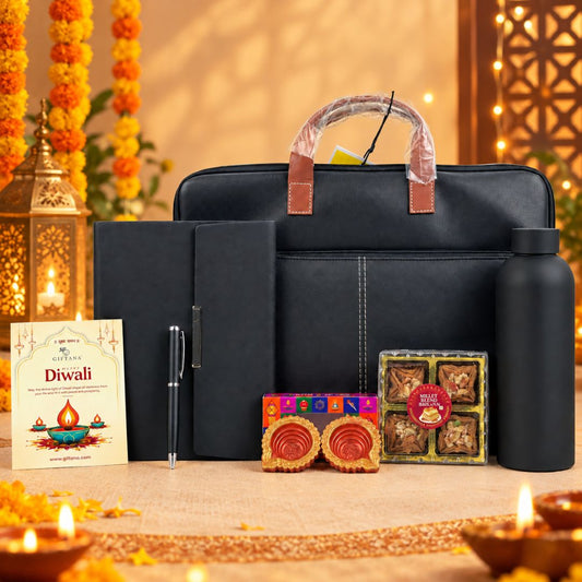 Diwali Business Gifts – Grey Laptop Bag Set with Planner, Bottle, Baklava & Diyas