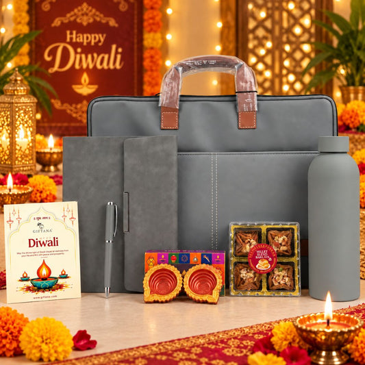 Diwali Business Gifts – Grey Laptop Bag Set with Planner, Bottle, Baklava & Diyas