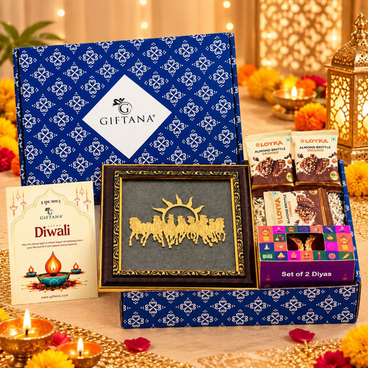 Diwali Festive Hamper – Surya Rath Decorative Plaque with Almond Brittle & Diyas