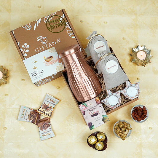 Festive Copper Pot Unique Diwali Gifts with Dry Fruits, Brittle & Wooden Diyas