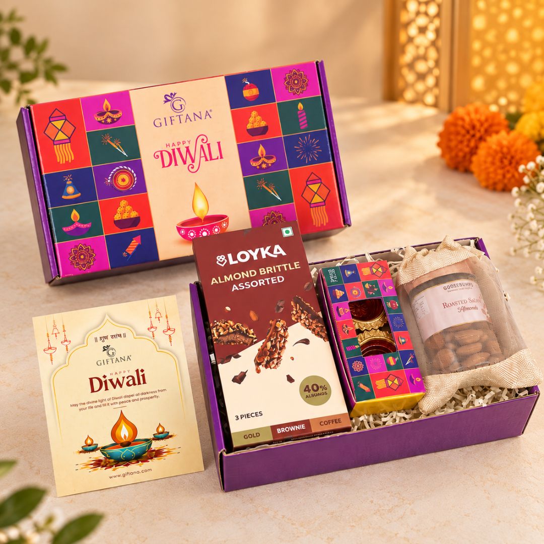 Diwali Gift Set with Almond Brittle, Diyas & Roasted Nuts