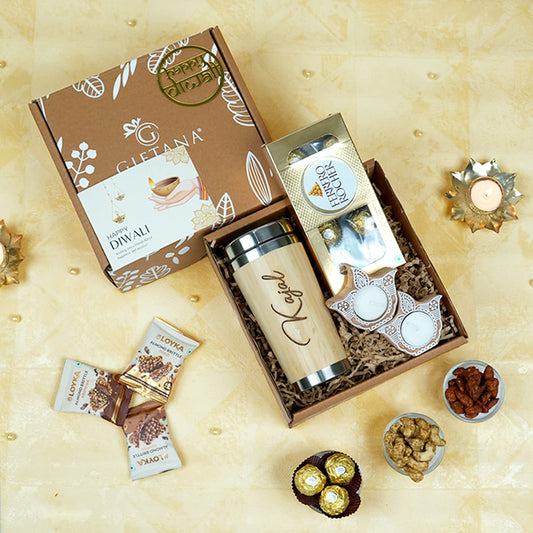 Elegant Diwali Gift Set with Bamboo Tumbler, Diyas & Chocolates