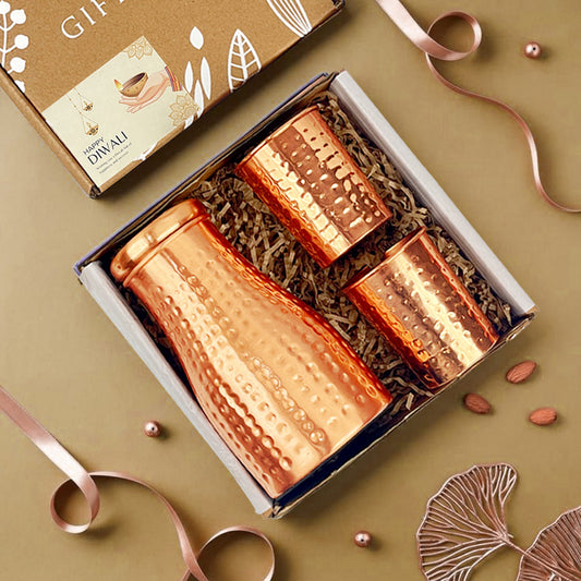 Diwali Hamper with Copper Water Pot, 2 Glasses & Greeting Card