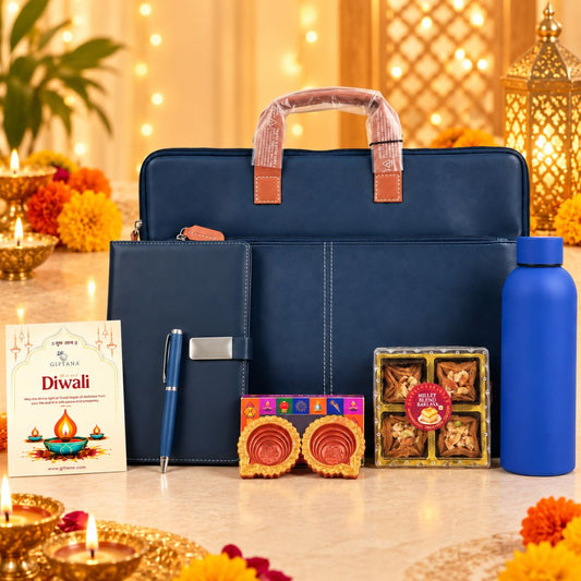 Diwali Office Gifts - Laptop Bag Set with Notebook, Bottle, Baklava & Diyas
