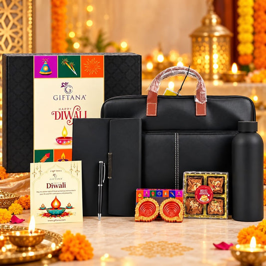 Diwali Business Gifts – Grey Laptop Bag Set with Planner, Bottle, Baklava & Diyas