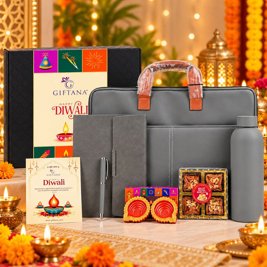 Diwali Business Gifts – Grey Laptop Bag Set with Planner, Bottle, Baklava & Diyas
