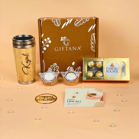 Elegant Diwali Gift Set with Bamboo Tumbler, Diyas & Chocolates