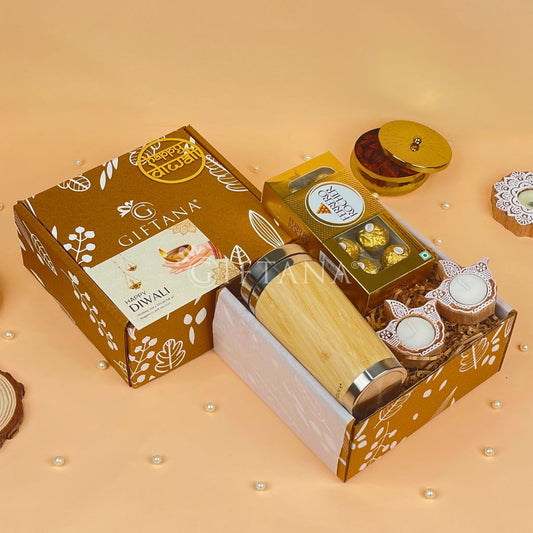 Elegant Diwali Gift Set with Bamboo Tumbler, Diyas & Chocolates