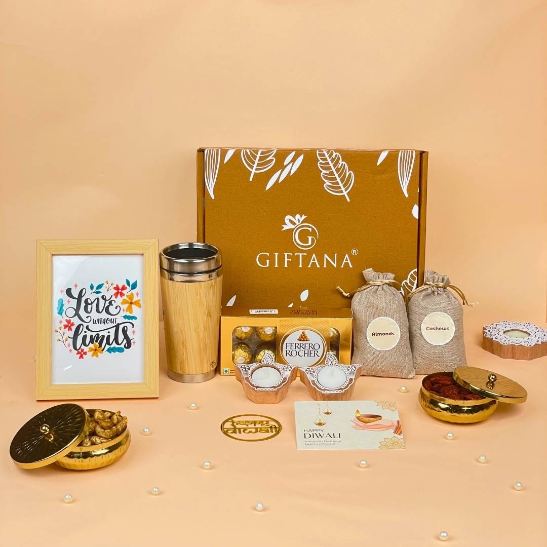Diwali Hampers Online | Eco Bamboo Tumbler, Dry Fruits, Photo Frame & Diyas