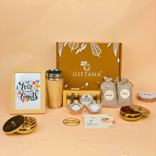 Diwali Hampers Online | Eco Bamboo Tumbler, Dry Fruits & Diyas