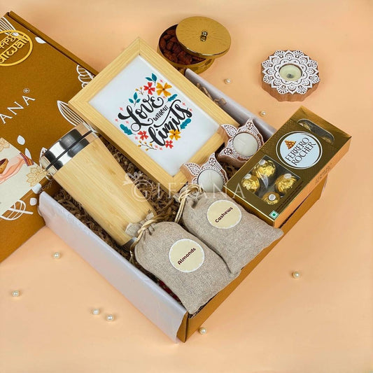 Diwali Hampers Online | Eco Bamboo Tumbler, Dry Fruits & Diyas