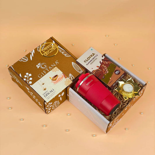Diwali Personalized Drinkware Gift Set - Tumbler 510ml, almond brittle & lotus diya