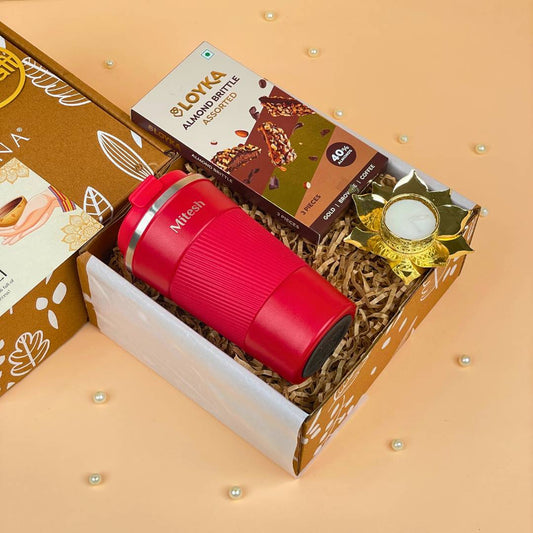 Diwali Personalized Drinkware Gift Set - Tumbler 510ml, almond brittle & lotus diya