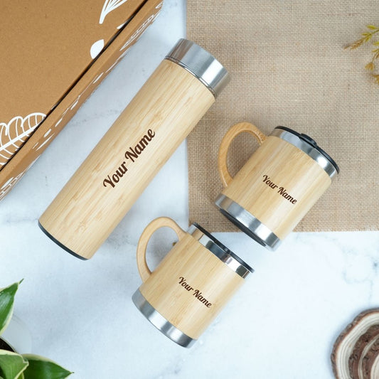 Eco-Friendly Gifts Premium Bamboo Bottle Set with 2 Mugs  