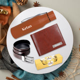 Elegant 4-in-1 Personalized Gift Set for Him : PU Wallet, Belt, Bottle & Chocolates