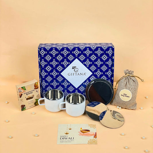 Elegant Diwali Gifts for Friends with Tea Cups, Coasters & Nuts