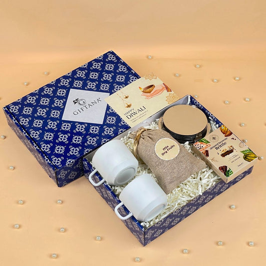 Elegant Diwali Gifts for Friends with Tea Cups, Coasters & Nuts