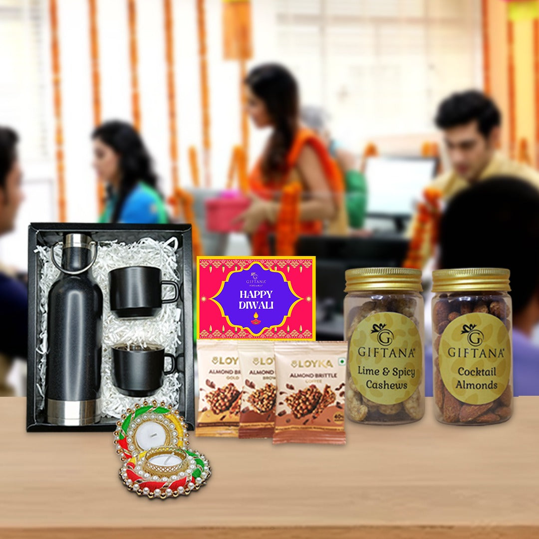 Exclusive Diwali Corporate Gift Box - Flask Set & Gourmets I Black - Giftana 