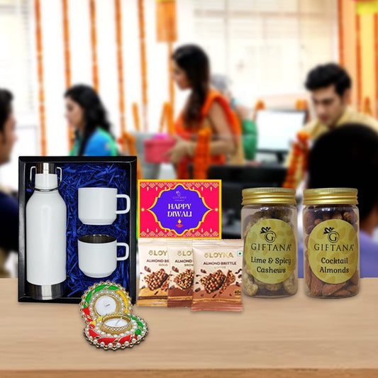 Exclusive Diwali Corporate Gift Box - Flask Set & Gourmets I White - Giftana 