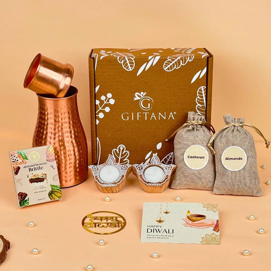 Festive Copper Pot Unique Diwali Gifts with Dry Fruits, Brittle & Wooden Diyas