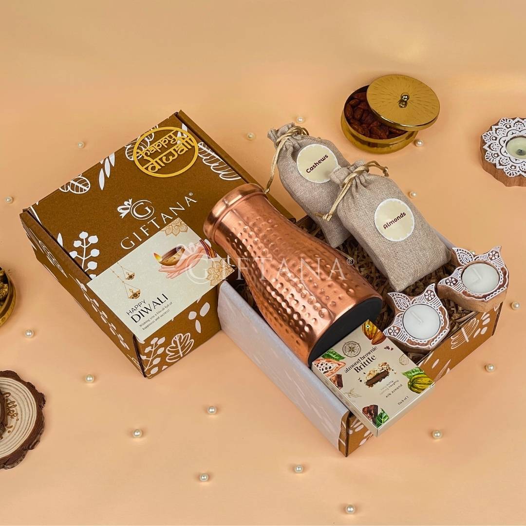 Festive Copper Pot Unique Diwali Gifts with Dry Fruits, Brittle & Wooden Diyas