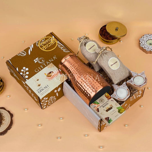 Festive Copper Pot Unique Diwali Gifts with Dry Fruits, Brittle & Wooden Diyas