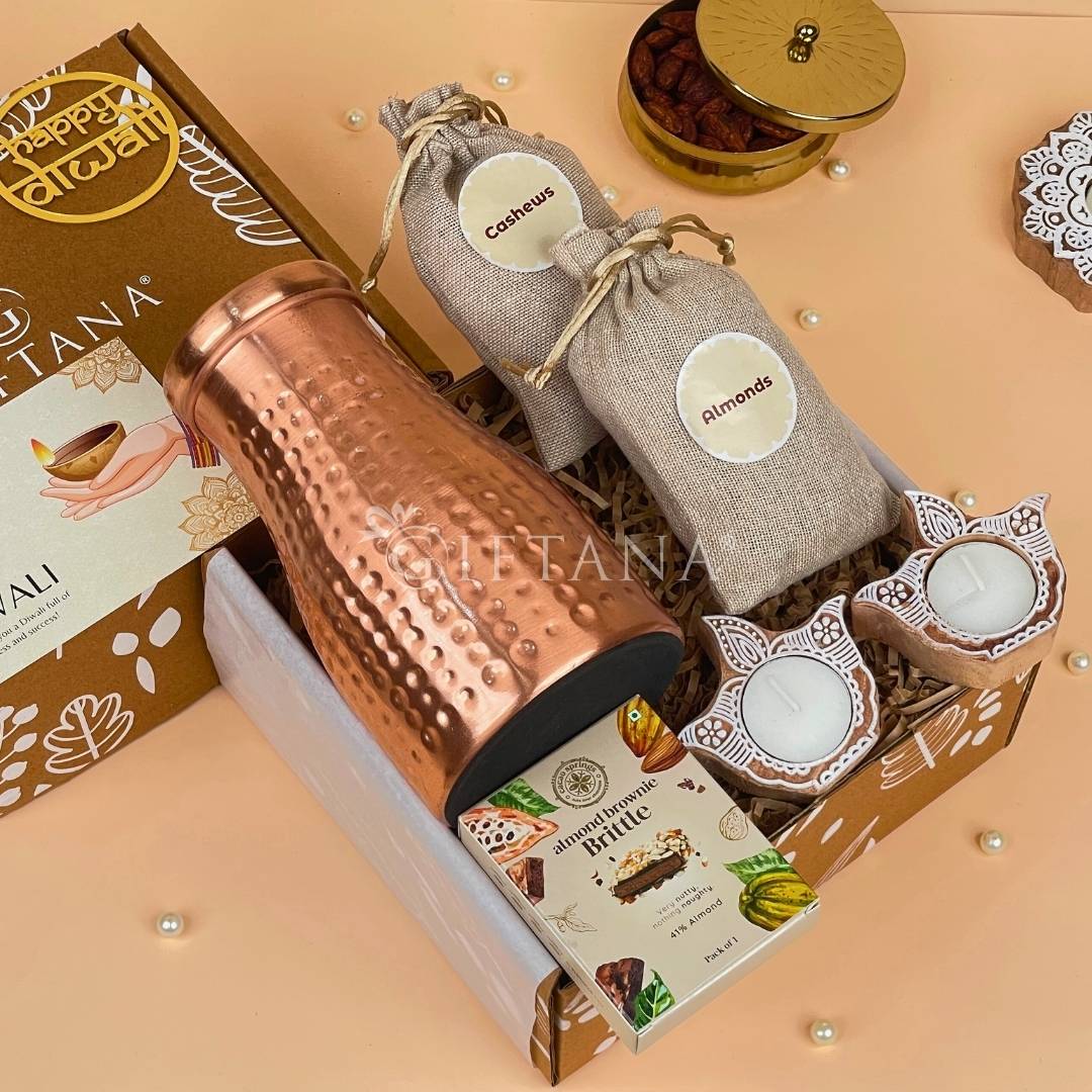 Festive Copper Pot Unique Diwali Gifts with Dry Fruits, Brittle & Wooden Diyas
