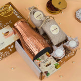 Festive Copper Pot Unique Diwali Gifts with Dry Fruits, Brittle & Wooden Diyas