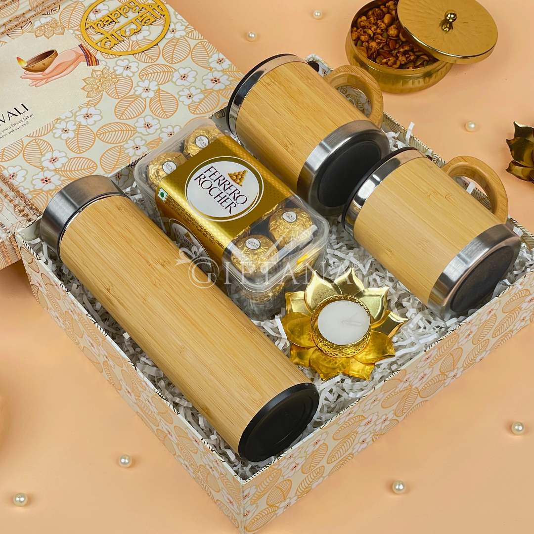 Exclusive Diwali Hamper with Bamboo Bottle, Mugs & Diya