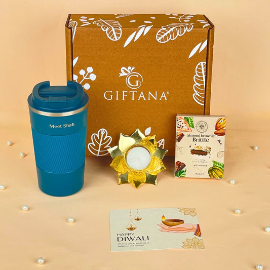 Giftana Delightful Diwali Gifts with Tumbler, Brittle, and Lotus Diya