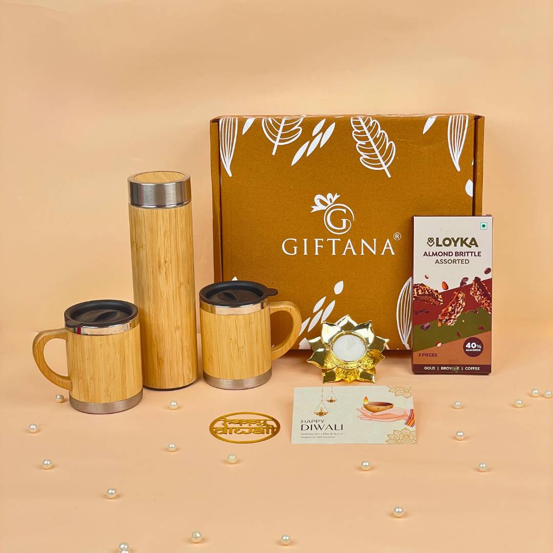Giftana Eco Diwali Gifts Combo with Wooden Bottle & Bamboo Mugs