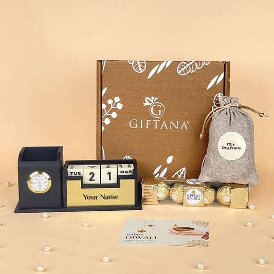 Giftana Elegant Diwali Hamper - Desk Organizer, Ferrero & Dry Fruits