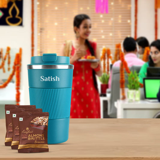 Giftana Blue Personalized Vacuum Insulation Coffee Tumbler and Loyka Brownies for Gifting. - Giftana 