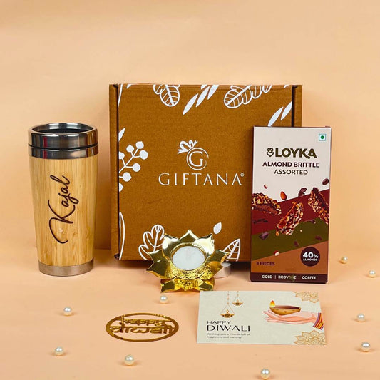 Giftana Diwali Gifts Set with Wooden Tumbler, Loyka & Lotus Diya