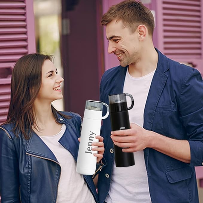 Giftana Personalized Flask Bottle with Name (Pack of 2), Stainless Steel Water Bottle with Cup - Giftana 