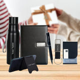 Premium Personalized Gift Set with Notebook Diary, Steel Bottle, Metal Pen, Leather Keychain, Leather Cardholder, and Mobile Stand