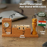 Indian Heritage Ashoka Lion Symbol Wooden Pen Stand with Clock